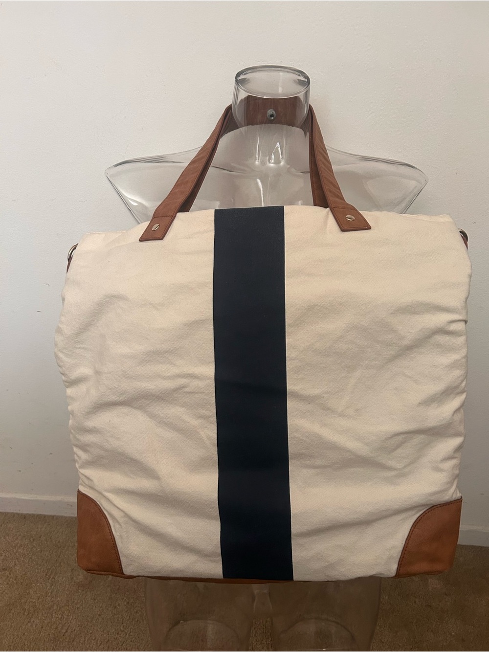 Merona Canvas Tote Bag with Navy Stripe and Brown Simi Leather Handles